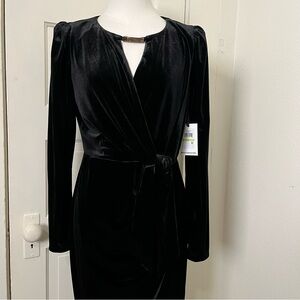 Kensie Long Sleeve Black Velvet Faux Wrap Midi Dress Gold Accent NWT SZ 4